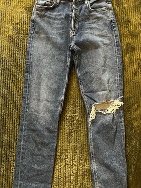Agolde Nico high rise Light Blue Denim Jeans with Contrast Stitching